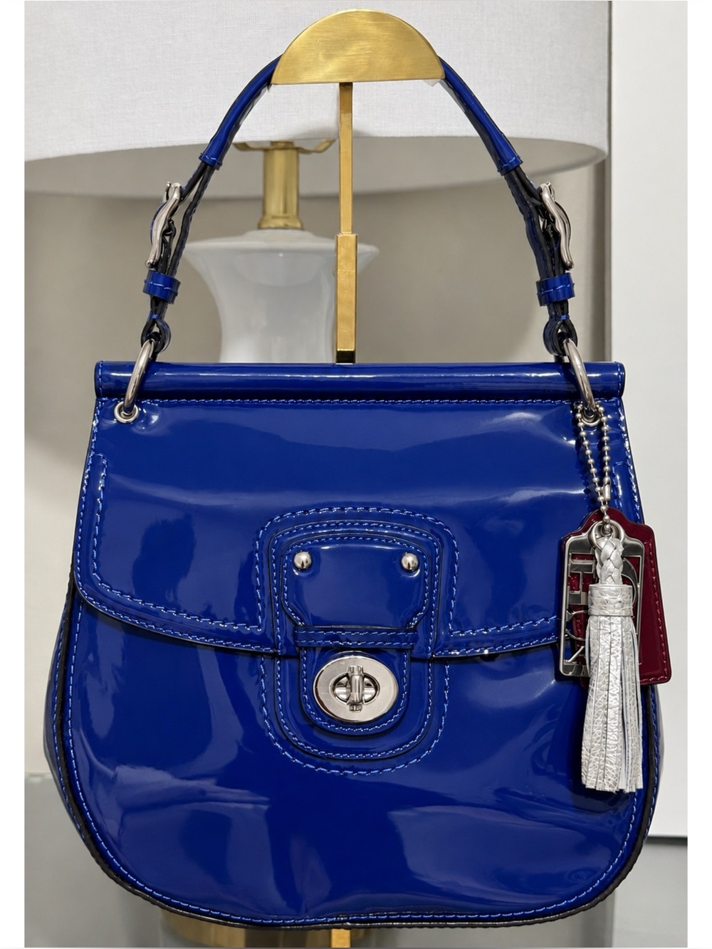 COACH Vintage Willis Patent Leather Cobalt Blue Bag 21244 Legacy Stripe